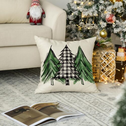 Watercolor Christmas Tree Throw Pillow Cover, 18 x 18 Inch Holiday Buffalo Plaid Cushion Case Decoration for Sofa Couch