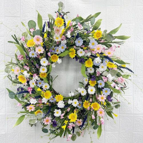 24Inch Spring Wreath with Colorful Daisy Flower and Green Eucalyptus Leaves Artificial Door Wreath for Front Door Home Decor