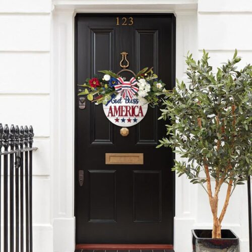 God Bless America Sign Wreath 4th of July Wreath Patriotic Wreath for Front Door, 16" Red White and Blue Flower Wooden Sign Wreath for Memorial Day Independence Day Decoration