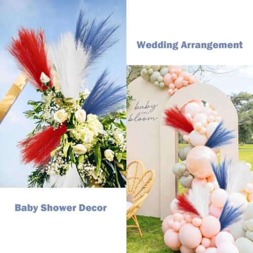 30pcs 4th of July Decorations Faux Pampas Grass, 21.6in Red White and Blue Artificial Pompous Grass Patriotic Fake Pampas Stems Vase Filler for Home Table Independence Day Memorial Day