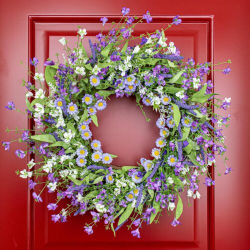 22 Inches Spring Wreaths for Front Door Summer Wreath Spring Door Wreaths with Purple Flowers Daisy Lavender for Window Front Porch Wall Indoor Outside Decoration