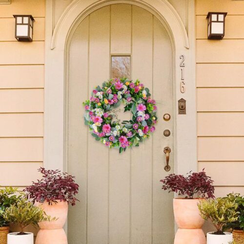 22” Artificial Flower Wreath,Colorful Daisy Morning Glories and Green Leaves Wreath Spring/Summer Floral Decoration for Front Door Wall Window Holiday Party Wedding Decor