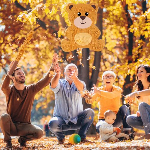 14.5 Inch Bear Piñata Bear Themed Birthday Party Supplies Animal Piñata with Wood Bat Stick, Paper Blindfold and Confetti for Valentine‘s Day Baby Shower Party Decor Kid Adult Boy Girl