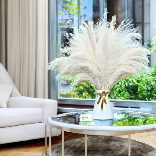 12 Stems Fluffy White Natural Dried Pampas Grass, Boho Home Decor Flowers Arrangements, 17 Inch White Pompous Grass, 5 Reed, 10 Lavender, 4 Elfin, 3 Valentine, 6 Luxury Pompass Grass,Ideal for Wedding