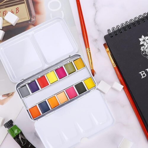 Empty Watercolor Palette, Empty Watercolor Tin Box Palette Paint Case, Foldable Watercolor Paint Palette with 12 Empty Half Pans for Watercolor and Acrylic Painting