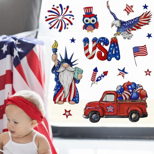 4th of July USA The Statue of Liberty Window Clings 4 Sheets, Patriotic America Red Truck Eagle Owl Stickers Decals Decor, American Fireworks Balloons Stars Stripes Home Kitchen Decorations