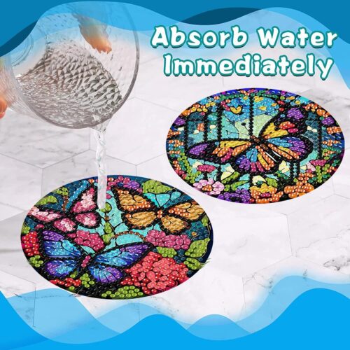 8 Pcs Butterfly Diamond Painting Coasters Kits with Holder, DIY Butterfly Diamond Art Coaster Non Slip Coaster for Tabletop Protection 4x4 Inch
