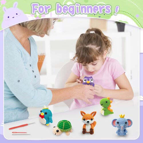 Knitting Kit for Beginners with 6 Pcs Crochet Animal Kit for Beginners in Step by Step Video Tutorials, Beginner Crochet Kit for Adults (Purple)