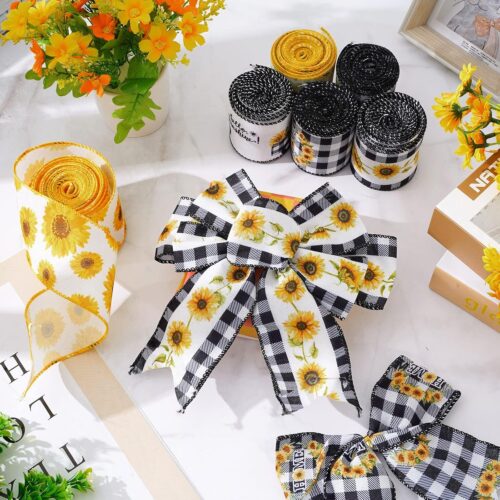 36 Yard Sunflower Wired Edge Ribbon 6 Roll 2.5 Inch Buffalo Plaids Flower Fabric Ribbon Spring Summer Floral Decorative Craft Ribbon for Gift Wrapping Decor Hair Bow Sewing Wreath Crafts