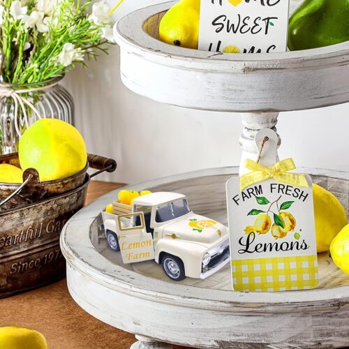 Lemon Decor Vintage Truck Decor with Mini Faux Lemons and Wooden Crate Summer Tiered Tray Decor Lemon Decorations for Home Desk Shelf Farmhouse Kitchen Centerpieces for Tables- Cream