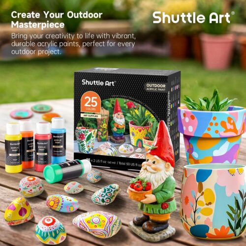 25 Colors Outdoor Acrylic Paint Set, 2oz/60ml Waterproof Acrylic Paint with 10 Brushes 1 Palette, Rich Pigmented Paints for Artists, Beginners on Rocks, Wood Crafts, Garden Statues