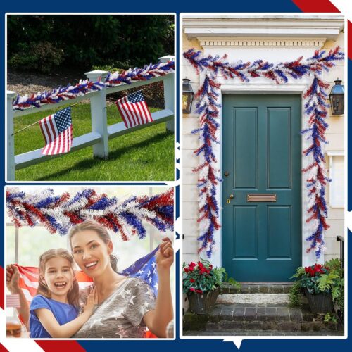 4th of July Garland with 30 Fairy Light Independence Day Red White and Blue Pine 6Ft Patriotic Cedar Garland Decoration for Memorial Day Flag Stairs Fireplace Mantel Decor