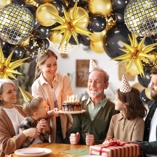 Black and Gold Balloon Garland Arch Kit with Gold Starburst Balloons Disco Ball Foil Balloons, Gold Confetti Latex Balloons for Graduation Anniversary Birthday Party Decorations