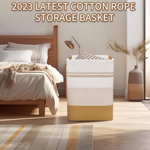 Laundry Hamper - 85L Large Laundry Basket with Leather Handles, Decorative Storage Basket for Blankets - Cotton Rope Woven Baskets for Storage, Clothes Hamper for Living Room, Jute & White