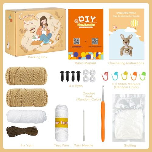 Beginner Crochet Kit with Video Tutorials - Animal Crochet Patterns, 40%+ Premium Yarn, Complete Crocheting Tools for Adults & Kids - DIY Craft Gift for Birthdays, Christmas (Kangaroo)