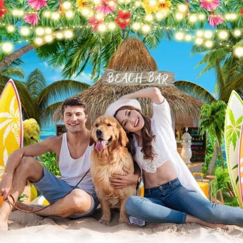 Beach Backdrop 10x8ft for Hawaiian Party Decorations Summer Tropical Beach Bar Surfboard Palm Tree Seaside Background Hawaii Luau Aloha Party Banner Beach Theme Party Decorations