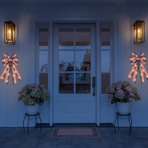 LED 4th of July Bows for Wreath, Patriotic Wreath Bows Red Blue Burlap Ribbon American Flag Bow with LED Lights Stars and Stripes Farmhouse Bows for Front Door Memorial Day Decorations