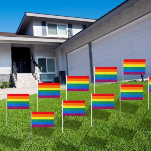 100 Pack Rainbow Pride Flag Small Mini Flags Handheld American Rainbow Stick Flag Party Decorations Supplies for Holiday Outdoor Accessory For Gay and Girl Flags, 5.5 x 8.2 Inches
