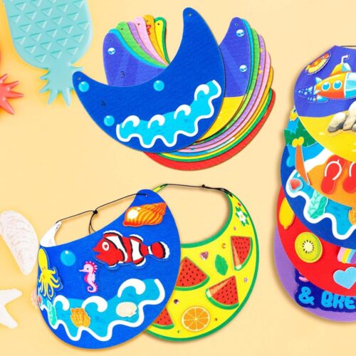 Summer Felt Visor Hats Crafts Kits for Kids Bulk, DIY Beach Sun Visor Hat Activities with Stickers for Hawaiian/Luau/Under-The-Sea Party Supplies（Assembly Needed）