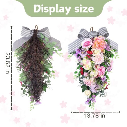 24-Inch Lighted Spring Peony Swag – Artificial Teardrop Wreath for Front Door, Porch, Wall, Window, Stair – Summer Peony Rose Decorative Swag for Home Decor