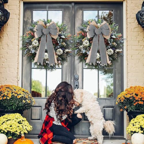 2 Pack Black White Stripe Burlap Fall Bows for Wreaths Decorations,Rustic Farmhouse Crafts Bow Wrapping Tree Topper Wedding Holiday Birthday Party Wall Home Front Door