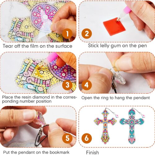 6 Pcs Cross 5D Diamond Art Kit for Adult DIY Painting Kit Religious Crystal Cross Diamond Bookmarks for Reading Lover Home Office School Project Read DIY Crafts Gifts, 6 Styles