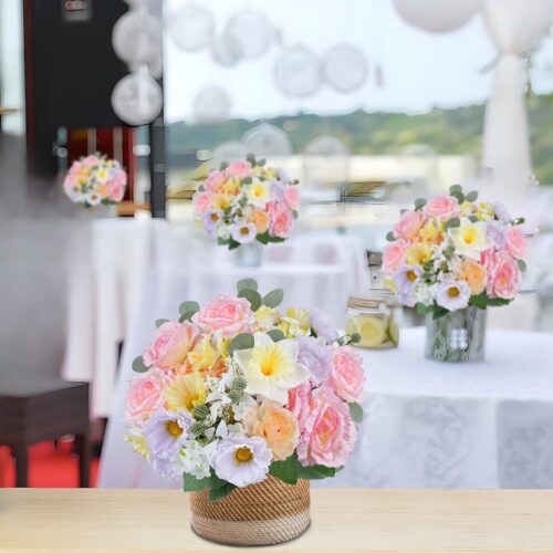 Cemetery Flowers for Grave Vase, 2 Bundles Colorful Faux Rose Bouquet with Daffodils Flower Silk Spring Summer Grave Flowers for Wedding Centerpieces Home Arrangements Cemetery