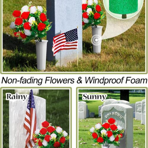 2 Sets Cemetery Vases with Artificial Flowers for Grave - Total 36 Vibrant Red & White Roses Bouquet, Memorial Day Flower Holders Kits with Fixing Foam for Headstones Decoration