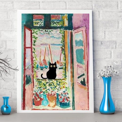 Adult 5D Diamond Painting Kits - 4 Pieces, Round Diamond Arts Painting Kit, DIY Beginner Black Cat Diamond Art Kit, Matisse Van Gogh Living Room Bedroom Decoration (11.8x15.7)