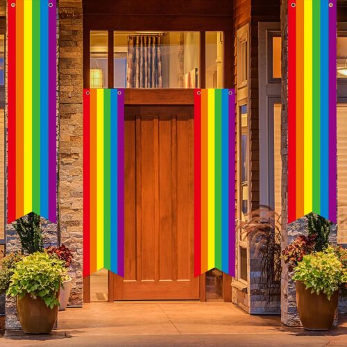 4Pcs Gay Pride Decorations LGBTQ Pride Porch Banner Pride Month Front Door Sign Party Supplies for Gay Lesbian Bisexual Pansexual Home Office Party Favors Rainbow Flag Wall Hanging Banner Outdoor