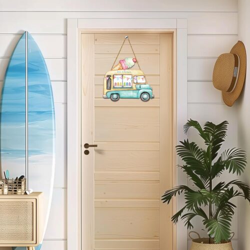 Summer Decor Summer Door Decor Ice Cream Truck Hanging Plaque Colorful Popsicles Wooden Front Door Hanger for Office Wall Indoor Home Decorations