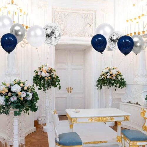 Navy Blue and Silver Confetti Balloons, 50pcs 12 inch Metallic Silver and White Pearl Party Balloons for Shower Wedding Engagement Birthday Graduation Supplies