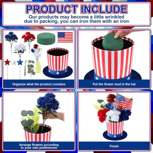 4th of July Decoration Patriotic Memorial Day Table Centerpiece Red White Blue Artificial Flower Hat Flower Arrangement Pot Set USA Hat Vases Independence Day Decor for Home Table Office