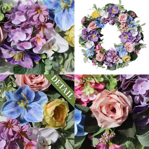 24 Inch Spring Summer Wreaths for Front Door, Spring Summer Door Wreaths, Artifical Floral Flowers Wreath with Purple Hydrangea,Pink Rose,Blue Tulip,Large Wreaths for Spring Summer Outdoor Home Decor
