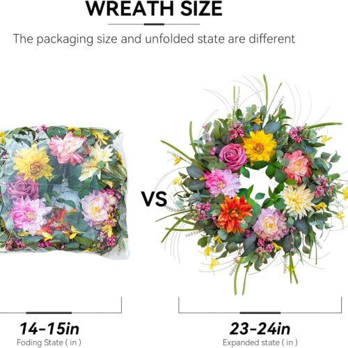 Spring Summer Wreaths for Front Door, Soomeir Floral Door Wreath with Peony Dahlia Rose, for All Season Easter Indoor Outdoor Farmhouse Home Porch Wall Window Decor