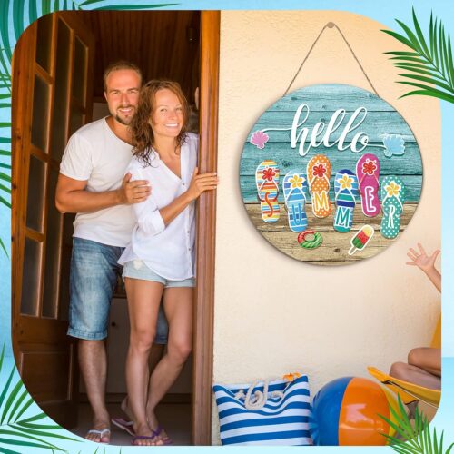 2 Pcs Hello Summer Slippers Hanging Sign Flip Flop Welcome Door Decor Rustic Summer Wall Decor for Door Indoor Yard Outdoor Garden Decoration with Rope