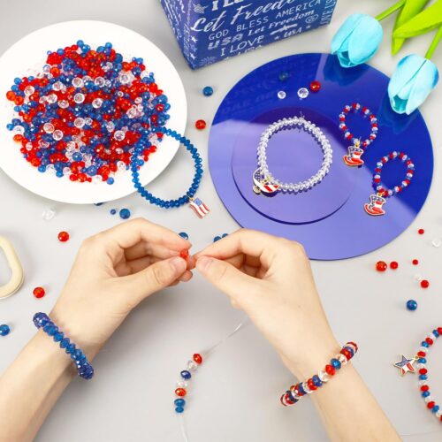 Independence Day Beads, 1560Pcs Patriotic Acrylic Crystal Beads 4th of July Loose Spacers Craft Beads for Patriotic Bracelet Jewelry Making Supplies, 4mm 6mm 8mm (Red, White, Blue)