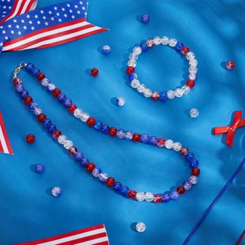 240pcs Red White Blue Glass Beads, 6 Colors Patriotic Beads 8mm Round Glass Beads Crackle Loose Beads for Beaded Baseball Necklace Bracelet DIY Jewelry Crafts