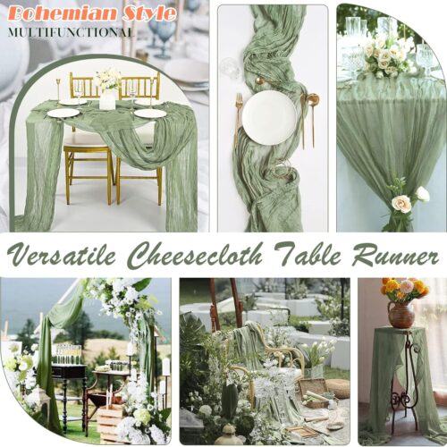 Sage Green Cheesecloth Table Runner 2 Pack 35" Boho Gauze Table Runner 120 inches Long Runner Rustic Sheer Fabric Bulk for Baby Shower Wedding Bridal Birthday Party Table Decorations