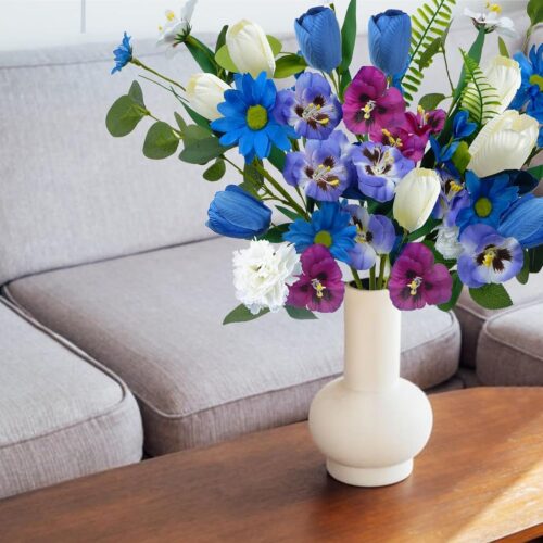 6 Pcs Artificial Silk Flowers Cemetery Flowers for Grave 19.7'' Wildflowers Bouquet Pansies with Tulips Artificial Flowers Realistic for Spring Home Table Centerpieces Decor Deep Blue