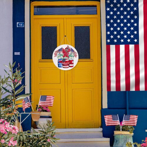 4th of July Welcome Front Door Sign Patriotic Door Hanging Wooden Flowers Round Fourth of July Decorations Independence Day Memorial Day American Flag Wall Front Door Decor