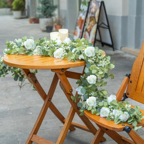 6FT Artificial Eucalyptus Garland with Flowers, 10 White Roses Baby Breath Garland Floral Greenery for Wedding Party Centerpiece Table Runner Backdrop Wall Decor Decoration