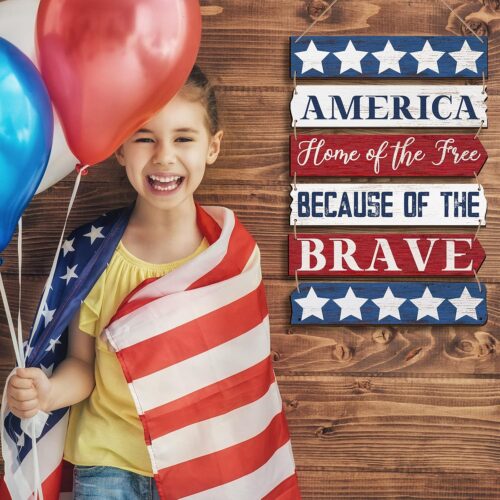 4th of July Decorations Patriotic Wall Decor Memorial Day Wooden Hanging Sign Rustic Red White Blue American Stars Door Sign Large Independence Day Wood Hanging Plaque for Front Door Porch Home