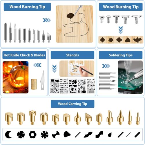 Wood Burning Kit for Adults with Gloves, 130pcs Wood Burning Pen Tool Set with Adjustable Temperature 200~450 °C Switch Pyrography Pen Kit for Embossing Carving Soldering