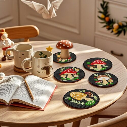 6 PCS Small Diamond Art Coasters Kits, Diamond Painting, Fall Diamond Art Kits for Adults Beginners, Arts and Crafts Item Sets with Holder for Drinks Mushroom