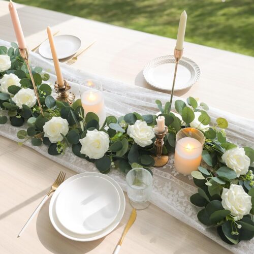 6.6FT Flower Garland with 12 White Roses - Spring Gypsophila Eucalyptus Garland Artificial Floral Greenery Vine for Arch Table Centerpieces Backdrop Party Home Wedding Decorations