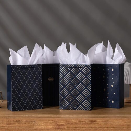 Gift Bags, 10 Pack Navy Blue with Gold Foil Stars, Kraft Paper Bags with Handles, Bulk for Men, Groomsmen, Christmas Gifts, 8x4x11inch, Includes Tissue Paper