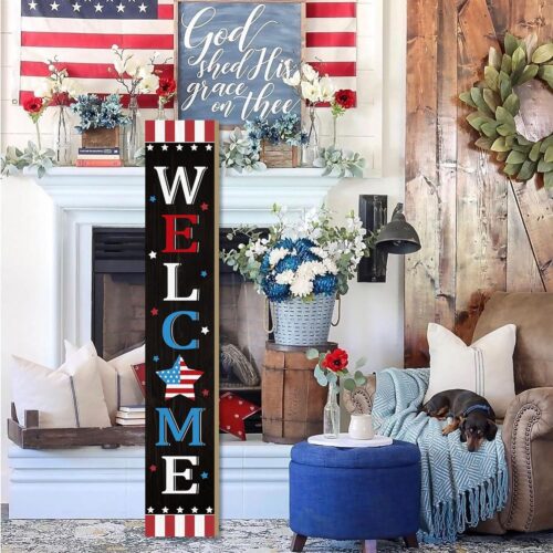 4th of July Independence Day Porch Sign Decor Memorial Day Wooden Hanging Sign Door Porch Standing Decorative Signs Plaques Front Door Farmhouse Outdoor Indoor Welcome Sign Wall Craft Decor 47.2"H