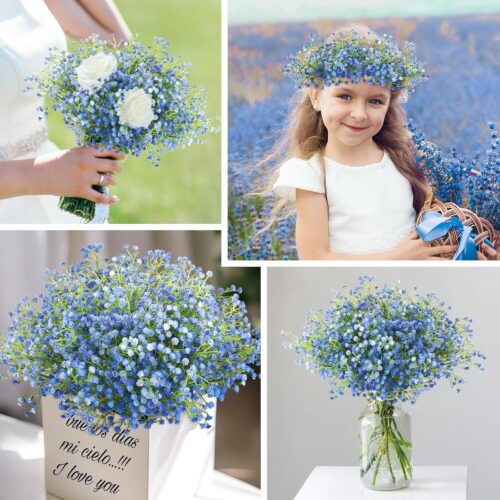 Babys Breath Artificial Flowers Bulk, 10Pcs Blue Fake Gypsophila Bouquet Flowers Real Touch Faux Babies Breath Arrangement for Wedding Floral Party Home Centerpieces Vase Decoration, Blue