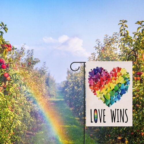 Gay Pride Love Wins Rainbow Small Decorative Garden Flag, LGBTQ Hearts Yard Lawn Outside Pride Month Decor, Lesbian Bisexual Pansexual Burlap Outdoor Home Decoration Double Sided 12 x 18